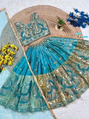 Kids Blue Fendi Embroidered Lehenga Choli with Dupatta 4