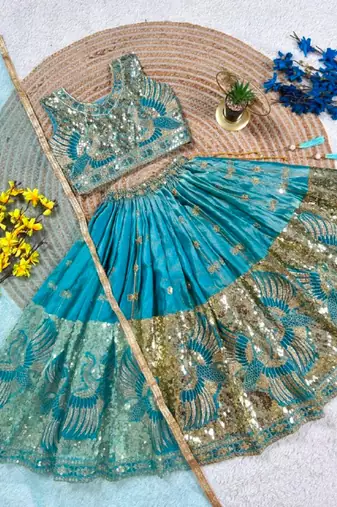 Kids Blue Fendi Embroidered Lehenga Choli with Dupatta
