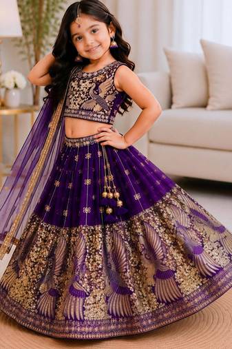 Kids Blue Fendi Lehenga Choli with Dupatta Embroidery Work