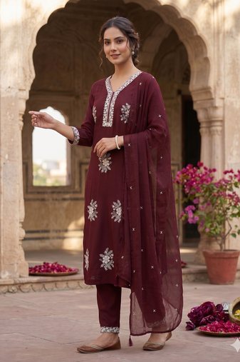 Vibrant brown embroidered kurti with pant and dupatta set