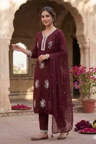Vibrant brown  embroidered kurti with pant and dupatta set