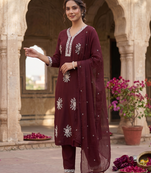 Vibrant brown  embroidered kurti with pant and dupatta set