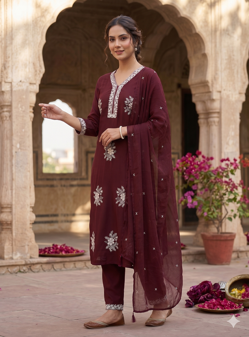 Vibrant brown  embroidered kurti with pant and dupatta set