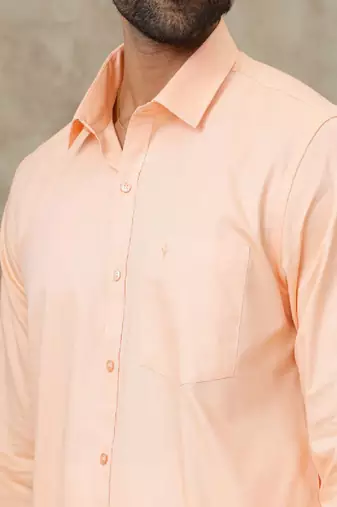 Peach cotton blend long sleeve shirt with border dhoti - dhoti set