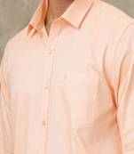 Peach cotton blend long sleeve shirt with border dhoti - dhoti set