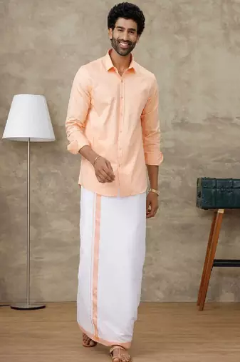 Peach cotton blend long sleeve shirt with border dhoti - dhoti set