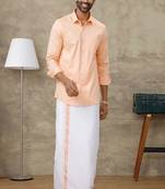 Peach cotton blend long sleeve shirt with border dhoti - dhoti set