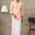 Peach cotton blend long sleeve shirt with border dhoti - dhoti set