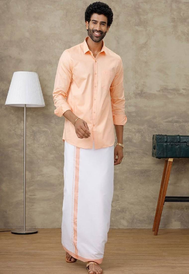 Peach cotton blend long sleeve shirt with border dhoti - dhoti set