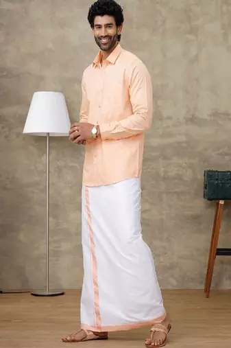 Peach cotton blend long sleeve shirt with border dhoti - dhoti set