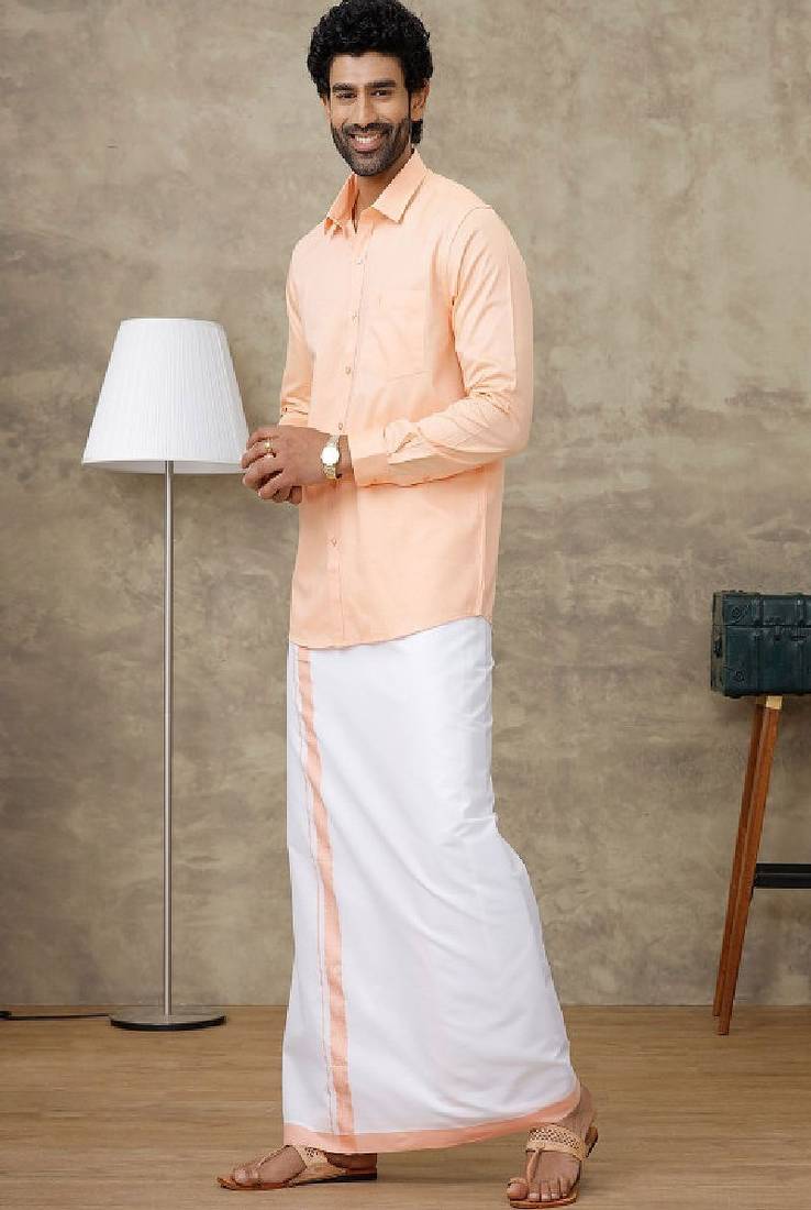 Peach cotton blend long sleeve shirt with border dhoti - dhoti set