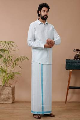 pale blue plain cotton blend dhoti set 1
