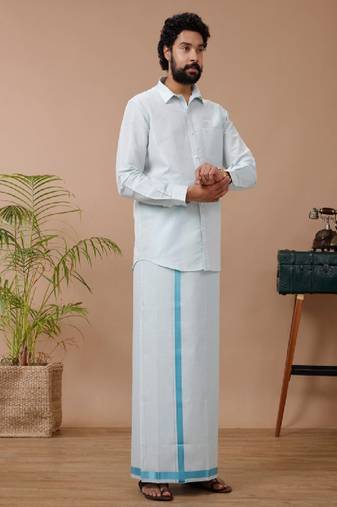 pale blue plain cotton blend dhoti set dhotis