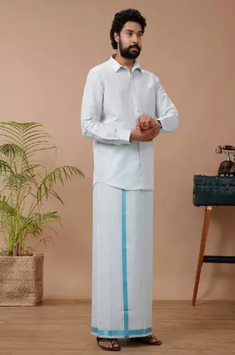 pale blue plain cotton blend dhoti set dhotis