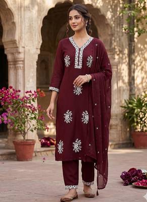 Vibrant brown embroidered kurti with pant and dupatta set 2