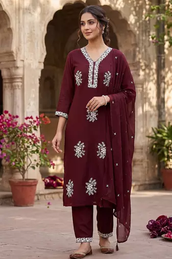 Vibrant brown  embroidered kurti with pant and dupatta set