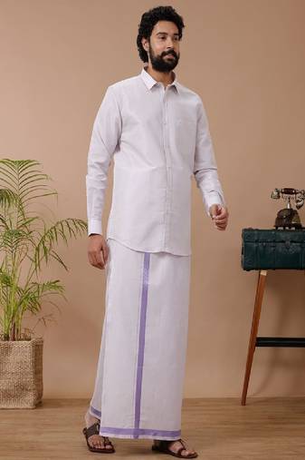 lavender cotton blend men's dhoti kurta set with traditional shirt