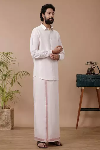 Pink shirt cotton blend veshti set with shirt