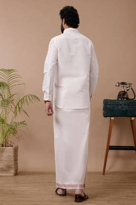 pink cotton blend men's shirt and veshti set 3