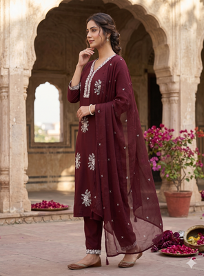 Vibrant brown embroidered kurti with pant and dupatta set 3