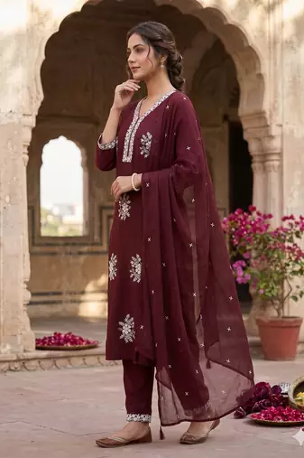 Vibrant brown  embroidered kurti with pant and dupatta set