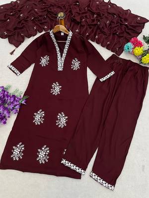 Vibrant brown embroidered kurti with pant and dupatta set 4