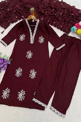Vibrant brown  embroidered kurti with pant and dupatta set