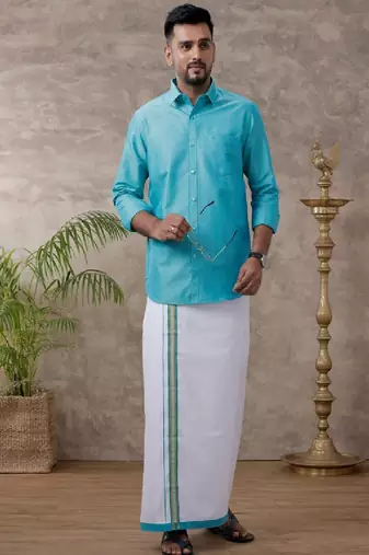 Blue plain cotton shirt and veshti set