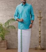 Blue plain cotton shirt and veshti set
