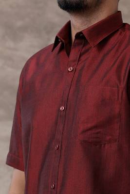 maroon solid plain cotton men's shirt and veshti set 2