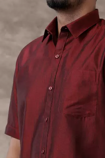 Ramraj maroon plain cotton shirt and veshti set