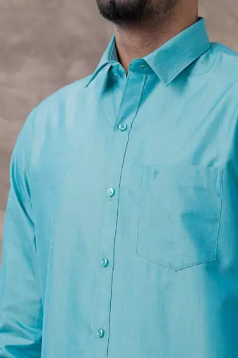 Blue plain cotton shirt and veshti set