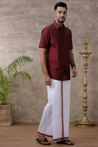 Ramraj maroon plain cotton shirt and veshti set