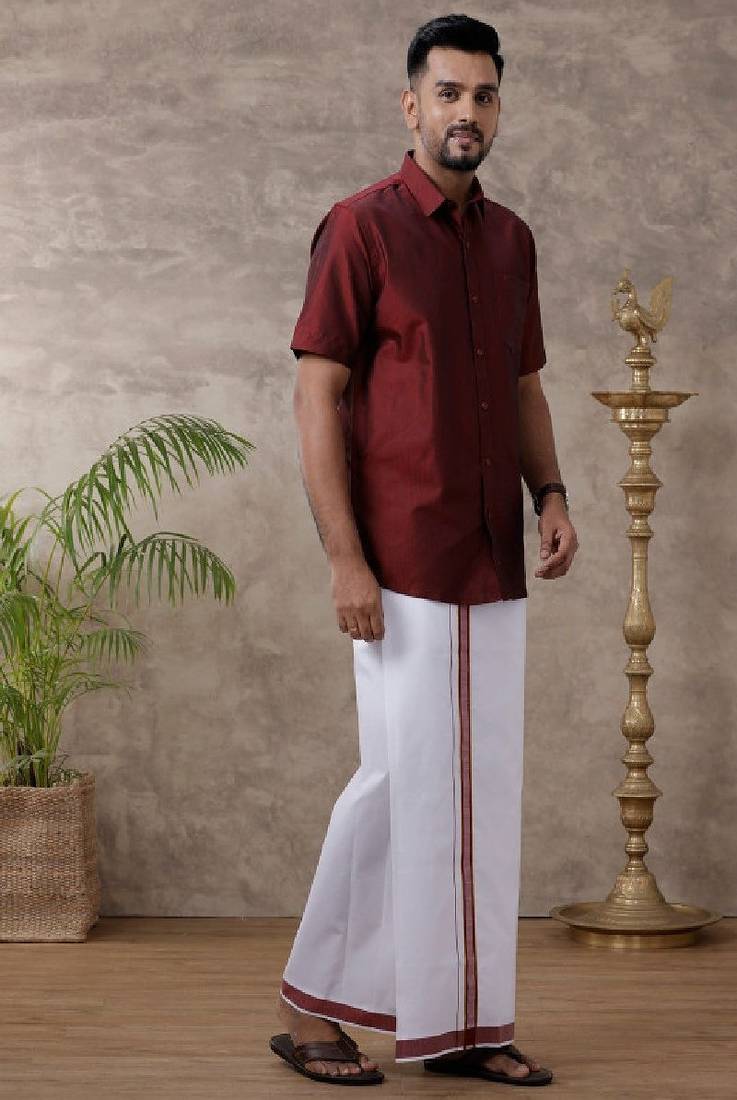 Ramraj maroon plain cotton shirt and veshti set
