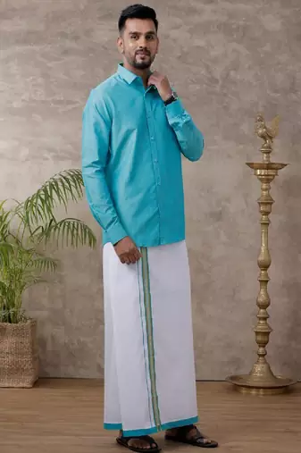 Blue plain cotton shirt and veshti set