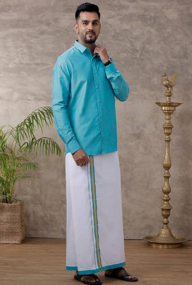 Blue plain cotton shirt and veshti set