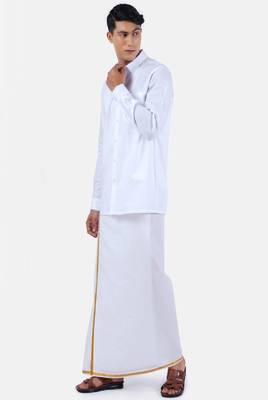 white zari bordered cotton blend men's shirt and veshti set 1