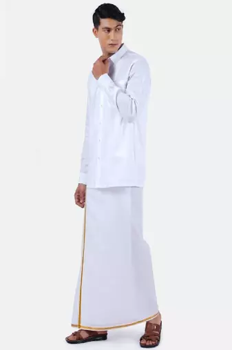 White zari border cotton blend shirt and veshti set