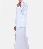 White zari border cotton blend shirt and veshti set