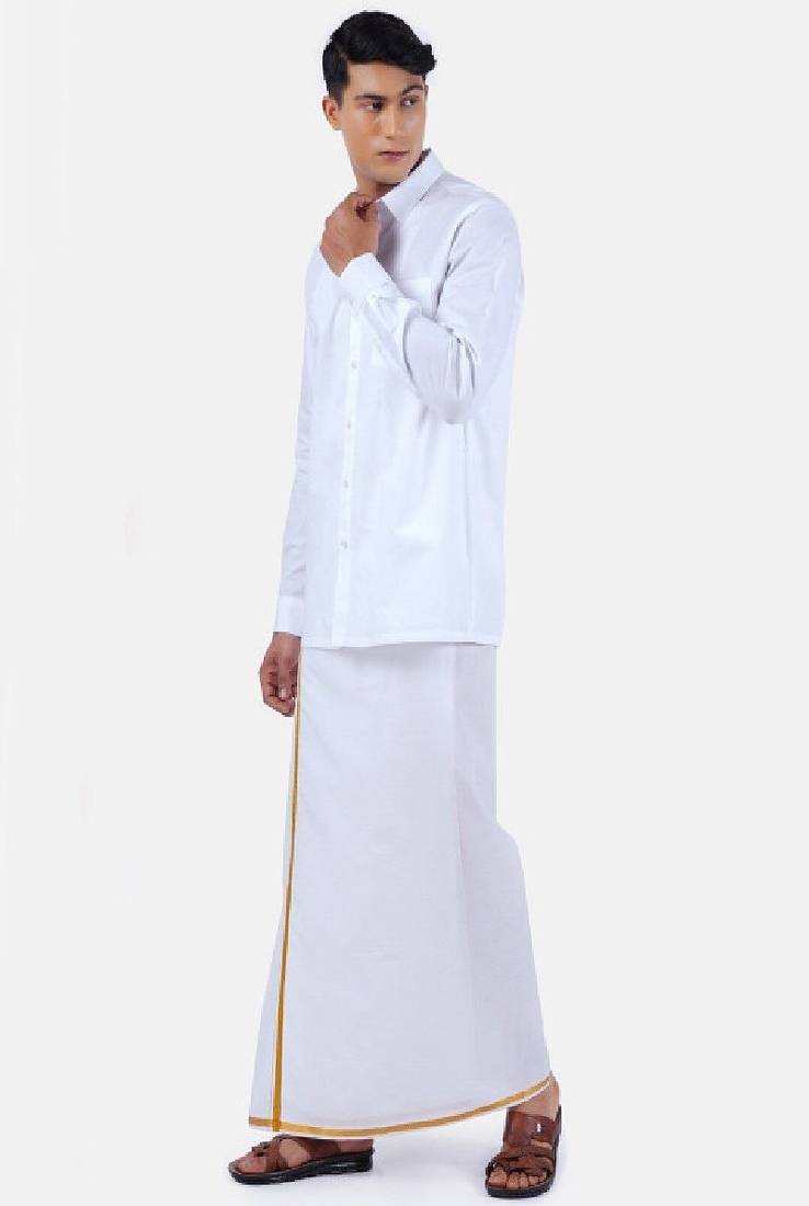White zari border cotton blend shirt and veshti set