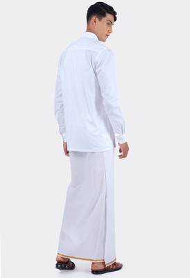 white zari bordered cotton blend men's shirt and veshti set 3