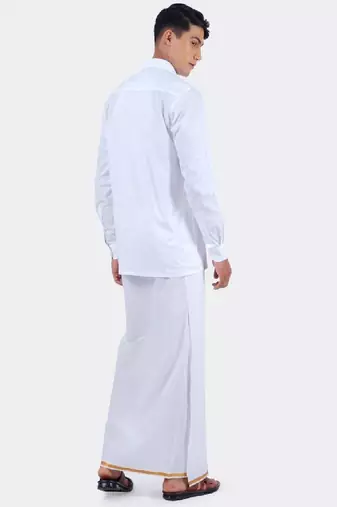 White zari border cotton blend shirt and veshti set