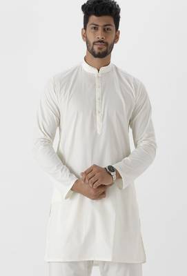 cream cotton men's straight short kurta with mandarin collar 2