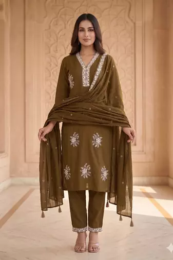 Vibrant gold embroidered kurti with pant and dupatta set