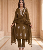Vibrant gold embroidered kurti with pant and dupatta set