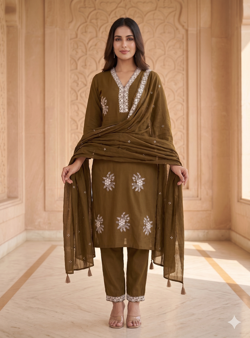 Vibrant gold embroidered kurti with pant and dupatta set
