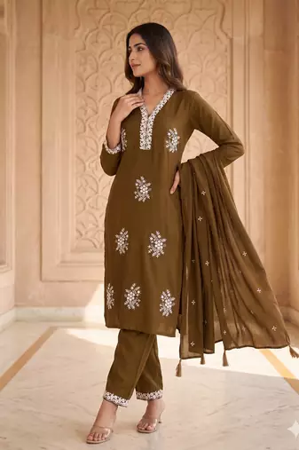 Vibrant gold embroidered kurti with pant and dupatta set