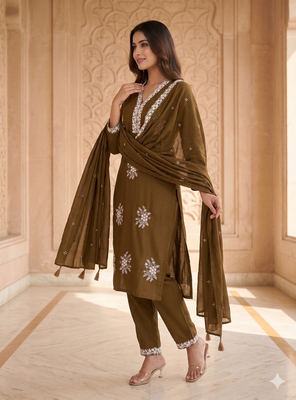 Vibrant gold embroidered kurti with pant and dupatta set 3