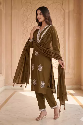Vibrant gold embroidered kurti with pant and dupatta set