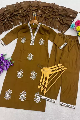 Vibrant gold embroidered kurti with pant and dupatta set